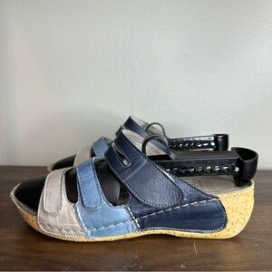 Karyoka Blue & Gray Leather Wedge Sandals Sz 38